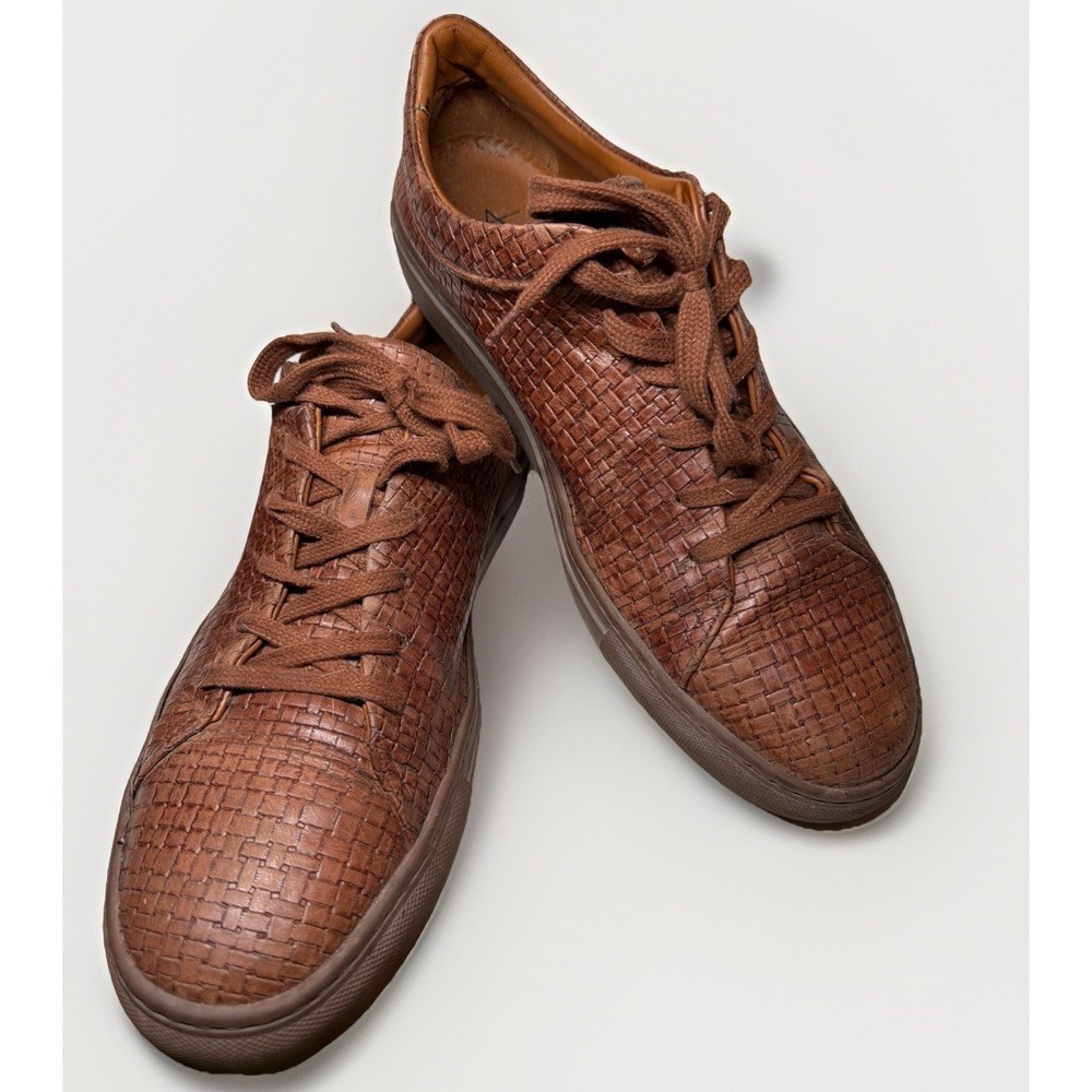 Aquatalia Alaric Embossed Woven Leather Brown Sneakers - Men's Size 10 EUC